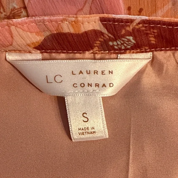 Lauren Conrad Pink and Orange Floral Metallic Ruffed Long Sleeve Belted Dress - Picture 3 of 7